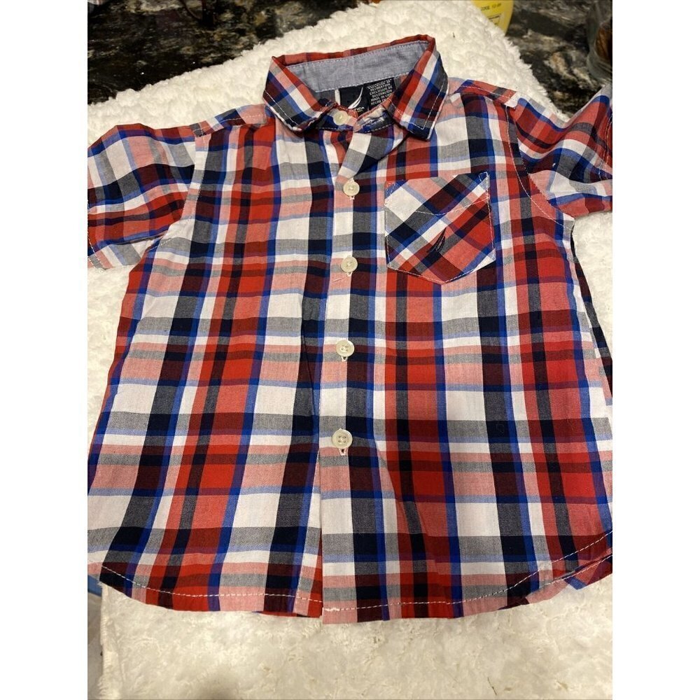 t boys NAUTICA casual button front plaid multi color short sleeve shirt 24M